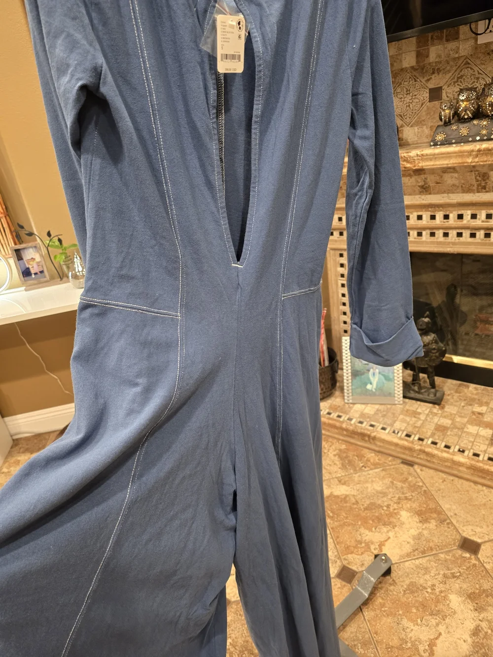Free People Steel Strada Blue Long Sleeve Maxi Jumpsuit